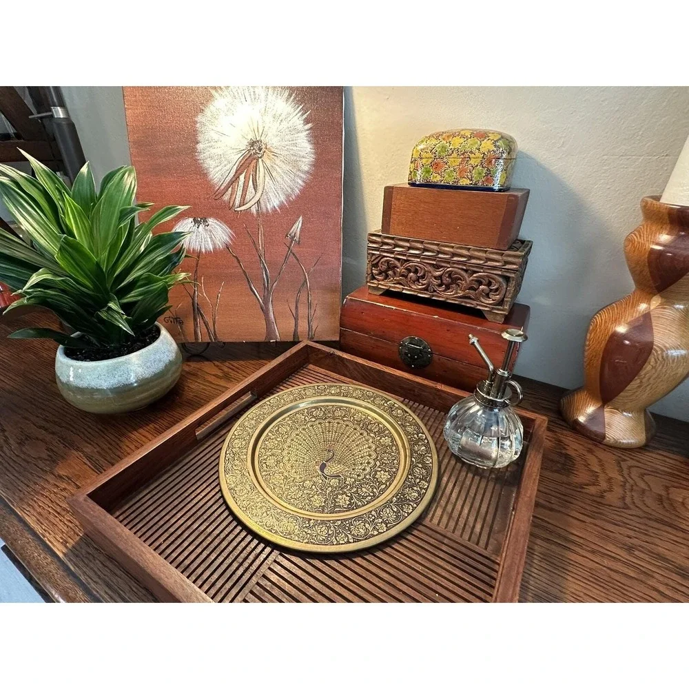 Vintage 9.5 Inch Brass Decorative Plate Hand-Engraved Peacock Design Wall Art